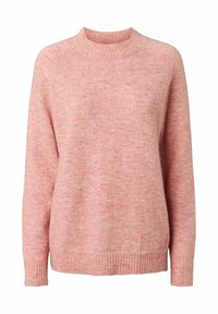 Maglione rosa lavorato a maglia con collo rotondo, maniche lunghe e orlo a coste. Texture morbida con un motivo melangiato.