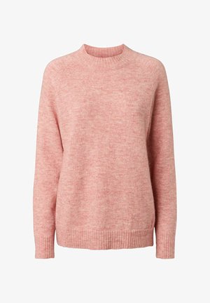 Roosa kootud sviiter ümmarguse kaelusega, pikad varrukad ja soonikkoes äär. Pehme tekstuur hallituse mustriga üle kogu.