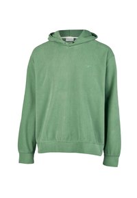 Green pullover hoodie made of soft fabric, featuring a drawstring hood and ribbed cuffs, with a subtle blue bird logo on the chest.