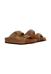 Sandali in pelle marrone con due fibbie regolabili, suola in sughero e suola in gomma nera, caratterizzati da un design aperto davanti e forma arrotondata.