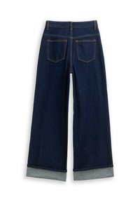 Jeans larghi di colore blu scuro con orlo arrotolato e cuciture a contrasto. Due tasche posteriori con pattina quadrata. Realizzati in tessuto di denim.