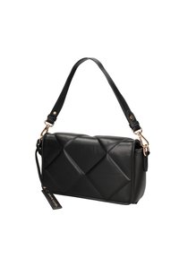 Borsa a tracolla in pelle trapuntata nera con una forma strutturata, hardware dorato e tracolla regolabile. Include un'etichetta piccola attaccata.