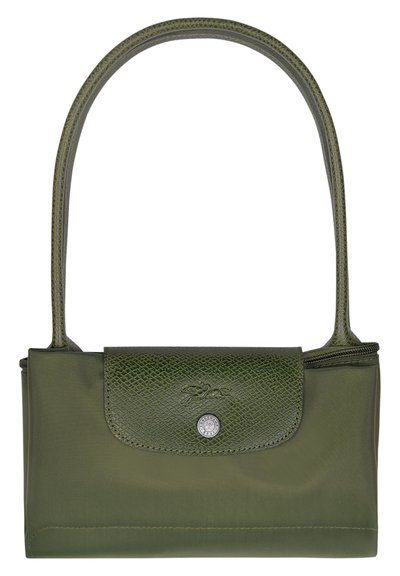 Green handbag with a textured leather flap, smooth nylon body, a silver snap closure, and a double handle for carrying.