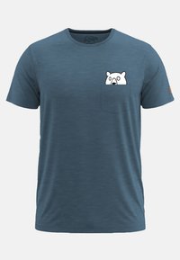 Blauwe korte mouwen T-shirt van zachte stof met een berenafbeelding die vanuit een borstzak kijkt. Ronde halslijn en een ontspannen fit.