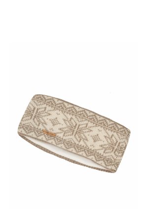 Beige und hellbraunes gestricktes Stirnband mit Schneeflockenmuster und kleinem rechteckigem Label mit der Aufschrift "TROLLKIDS" vorne in der Mitte.