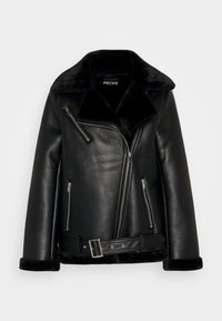 Black faux leather biker jacket with a wide collar, zippered front, and belt detail. Features soft black faux fur accents on the collar and cuffs.