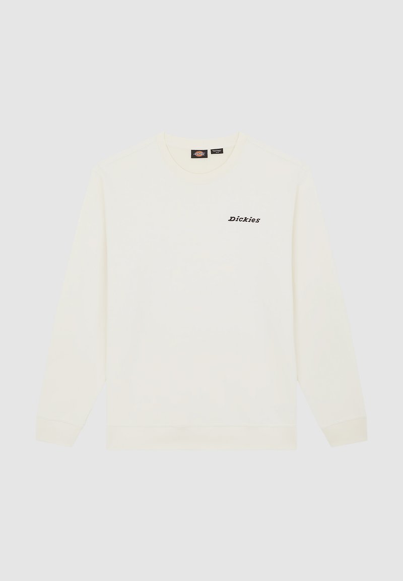 Sudadera de color crema hecha de algodón, con mangas largas, cuello redondo y un pequeño logo negro de "Dickies" en el pecho.