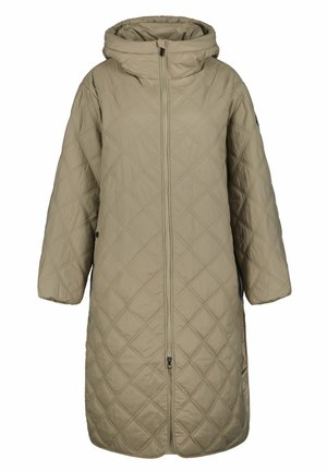 Abrigo largo beige acolchado con capucha, cremallera frontal y mangas largas diseñado para abrigar y uso casual.