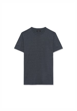 Dunkelgraues Kurzarm-T-Shirt aus weichem Stoff mit Rundhalsausschnitt und geradem Schnitt. Etikett am Ausschnitt sichtbar.
