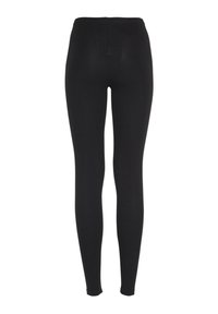 Juodos kelnės su aptemptu dizainu, lygiu tekstūra ir aukštu liemene. Be matomų siūlių ar raštų. Tinka kasdieniam dėvėjimui.