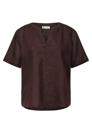Blouse marron à manches courtes avec un col en V échancré, coupe ample et une étiquette Street One à l’intérieur du col.
