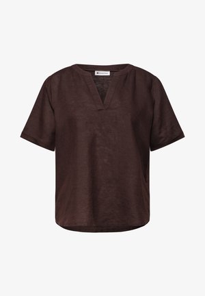 Brown short-sleeve blouse with a V-shaped notch neckline, loose fit, and a Street One label inside the collar.