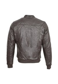 Hnědá kožená bunda s krátkým střihem, žebrovanými manžetami a prošíváním na zádech. Hladká textura s klasickým siluetou.