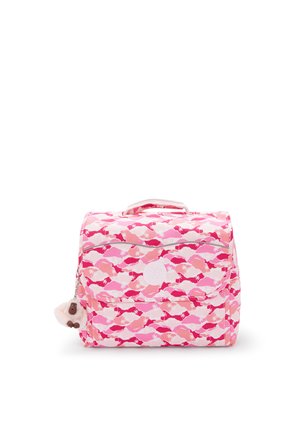 Sac à dos rose avec un motif de poissons stylisés et de palmiers, fabriqué en tissu durable, avec une poignée supérieure et une fermeture éclair.