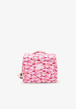 Sac à dos rose avec un motif de poissons stylisés et de palmiers, fabriqué en tissu durable, avec une poignée supérieure et une fermeture éclair.