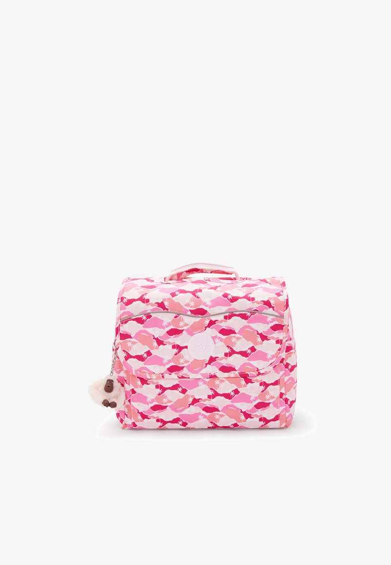 Zaino rosa con un motivo di pesci stilizzati e palme, realizzato in tessuto resistente, dotato di manico superiore e chiusura con zip.