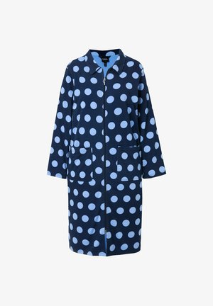Accappatoio blu navy con grandi pois azzurri, dotato di colletto e due tasche frontali. Tessuto morbido con una superficie liscia.