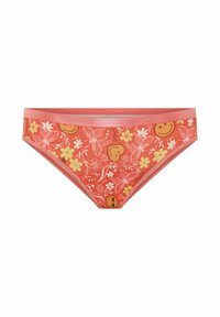 Bikini à imprimé floral orange avec une taille rose, mettant en avant des visages souriants et divers motifs de fleurs. Fabriqué en tissu doux et extensible.