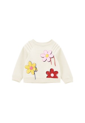 Felpa color crema con scollatura rotonda, decorata con applicazioni floreali colorate in rosa, giallo e rosso, con dettagli texturizzati sulle maniche.