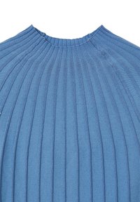 Blauer gerippter Pullover mit hohem Kragen, schmalen vertikalen Streifen und leicht strukturiertem Stoff, der eine enganliegende Passform und einen subtilen Glanz bietet.