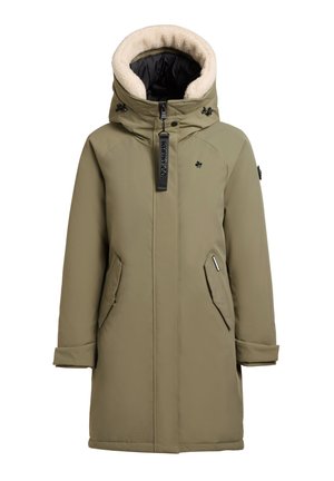 Olivgrüner isolierter Parka mit einer Kapuze aus Kunstpelz, Reißverschluss und seitlichen Taschen. Mit schwarzem Metall und Logodetails.