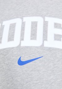 Felpa grigia con lettere bianche in maiuscolo e logo Nike blu. Tessuto morbido con una texture liscia e un design semplice.