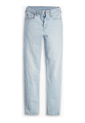 Jean en denim bleu clair avec taille haute, braguette à boutons, poches devant et coupe droite, posé à plat sur fond blanc.