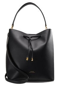 Sac seau en cuir noir avec un cordon de serrage, accents en métal doré et une seule bandoulière. Texture lisse et design minimaliste.