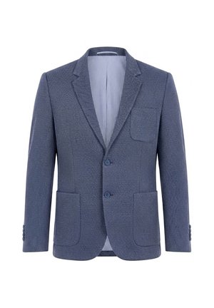 Blazer bleu texturé pour homme avec deux boutons sur le devant, trois poches plaquées, revers crantés et doublure intérieure rayée, présenté sur fond blanc.