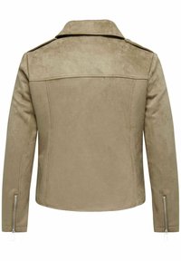 Chaqueta de ante caqui con cuello, hombreras y puños con cremallera. Textura suave con detalles de costura mínimos.