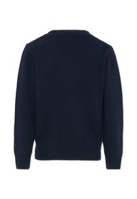 Maglione blu navy con scollatura rotonda, maniche lunghe e orlo a costine. Realizzato in morbido tessuto a maglia, presenta un design semplice e monocolore.
