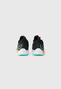 Black athletic shoes with a textured upper, orange and aqua accents, white midsole, and a turquoise outsole. Reflective logo detail on the heel.