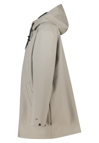 Veste imperméable beige clair avec capuche, cordon de serrage noir réglable, poches latérales et poignets à boutons-pression, vue de côté gauche.