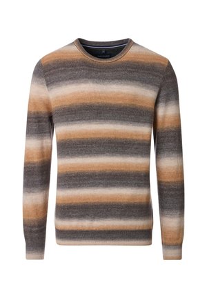 Gestreifter Pullover in Brauntönen, Grau und Beige. Aus weichem Material gefertigt, mit Rundhalsausschnitt und langen Ärmeln mit gerippten Bündchen.
