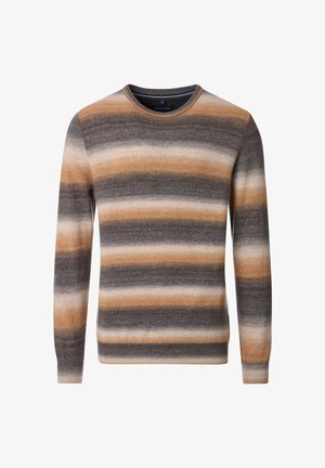 Gestreifter Pullover in Brauntönen, Grau und Beige. Aus weichem Material gefertigt, mit Rundhalsausschnitt und langen Ärmeln mit gerippten Bündchen.