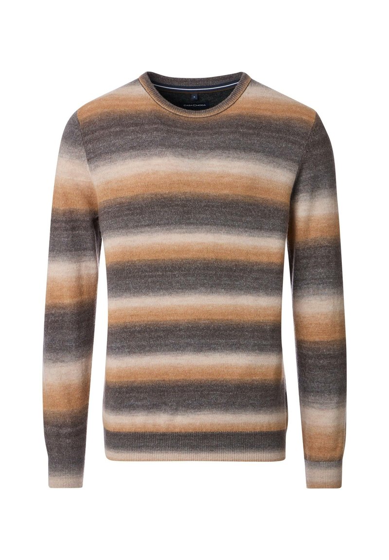 Gestreifter Pullover in Brauntönen, Grau und Beige. Aus weichem Material gefertigt, mit Rundhalsausschnitt und langen Ärmeln mit gerippten Bündchen.