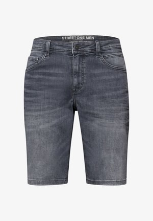 Donkere grijze denim knielange herenshorts met voorzakken, riemlussen, knoopsluiting en details met vervaagde wassing.