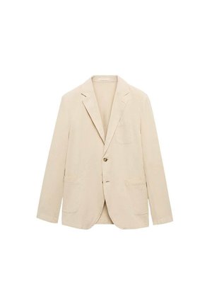 Beige blazer made of light fabric, featuring a single button, notched lapels, two front pockets, and one chest pocket. Smooth texture.