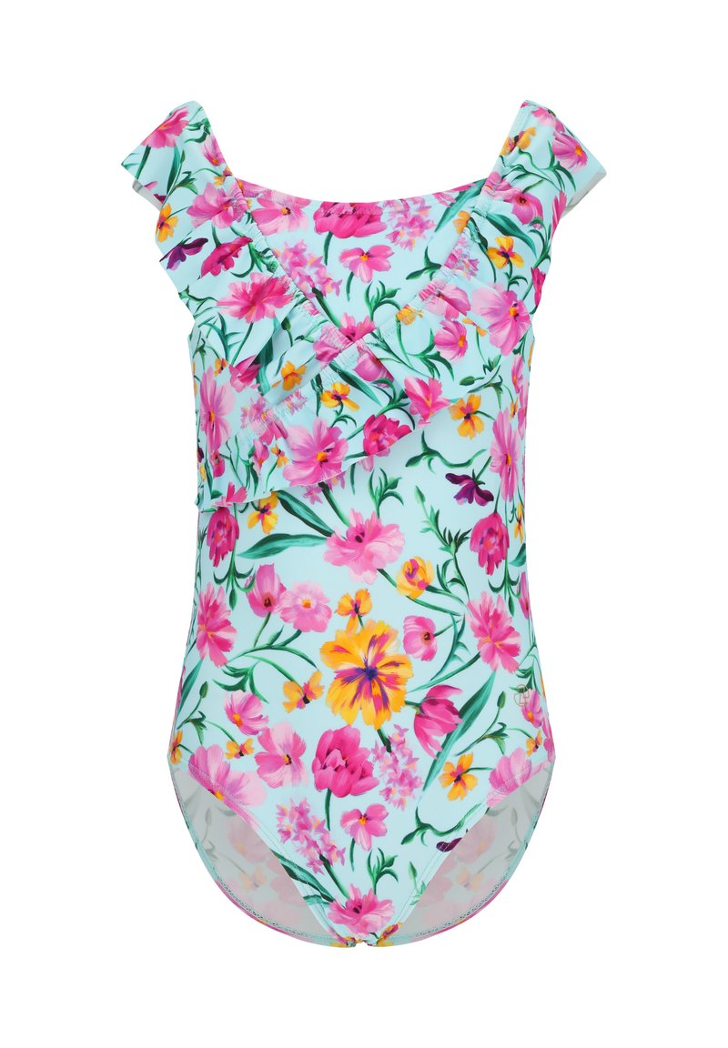 Maillot de bain floral une pièce avec des bretelles volantées. Présente un fond bleu clair, des fleurs vibrantes roses et jaunes, et une coupe ajustée.