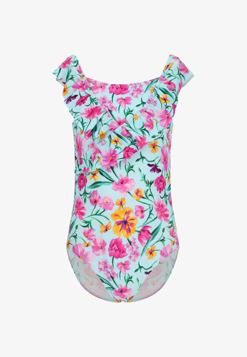 Floral Badeanzug mit Rüschenträgern. Hat einen hellblauen Hintergrund, lebendige pinke und gelbe Blumen sowie ein figurbetontes Design.