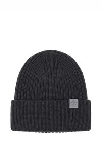 Dark gray knit beanie with a ribbed texture, featuring a folded brim and a small gray tag with a snowflake design.