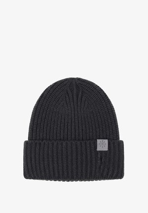 Dunkelgraue Strickmütze mit einer gerippten Textur, ausgestattet mit einem umgeschlagenen Rand und einem kleinen grauen Etikett mit Schneeflockendesign.