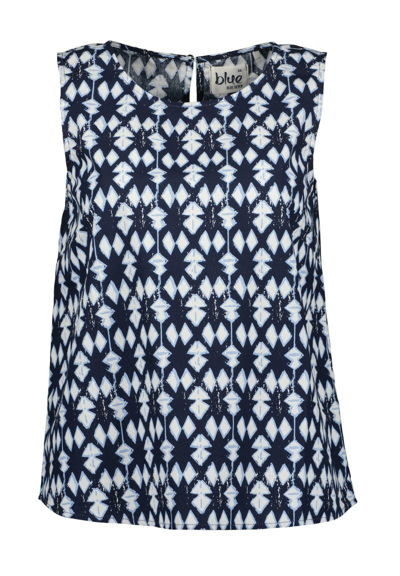Top senza maniche con un motivo geometrico blu navy e bianco, scollo rotondo e dettaglio a chiusura in chiave sul retro. Realizzato in tessuto leggero.
