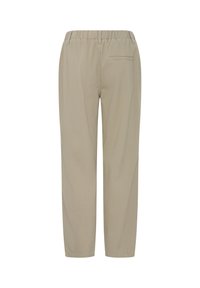 Pantalon beige décontracté avec ceinture élastique et une poche passepoilée à l'arrière, présenté de dos sur un fond blanc.
