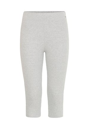 Szürke, rugalmas anyagú 3/4-es leggings, sima textúrával és elasztikus derékkal, testhezálló fazonnal, látható minták vagy díszítések nélkül.