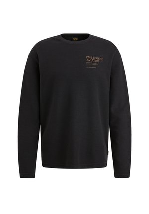 Schwarzes Baumwoll-Sweatshirt mit langen Ärmeln, Rundhalsausschnitt und einem kleinen, braunen, gedruckten Logo auf der linken Brust. Glatte Textur.