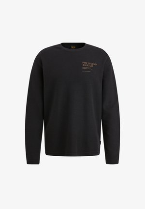 Schwarzes Baumwoll-Sweatshirt mit langen Ärmeln, Rundhalsausschnitt und einem kleinen, braunen, gedruckten Logo auf der linken Brust. Glatte Textur.