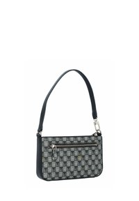 Sac à main noir et blanc à motif avec un design slim, doté d'une bandoulière, d'une fermeture éclair et d'accents métalliques.