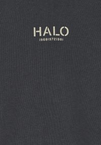 Ciemnoszary materiał z napisem "HALO" w beżowych wielkich literach, umieszczonym nad liczbami "1968|972|981" w mniejszym beżowym kroju pisma.