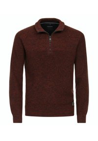 Pullover-Sweater in dunkelrot mit schwarzen Sprenkeln, verfügt über einen Reißverschlusskragen, gerippte Textur an den Schultern und ein kleines Logo-Label am Saum.